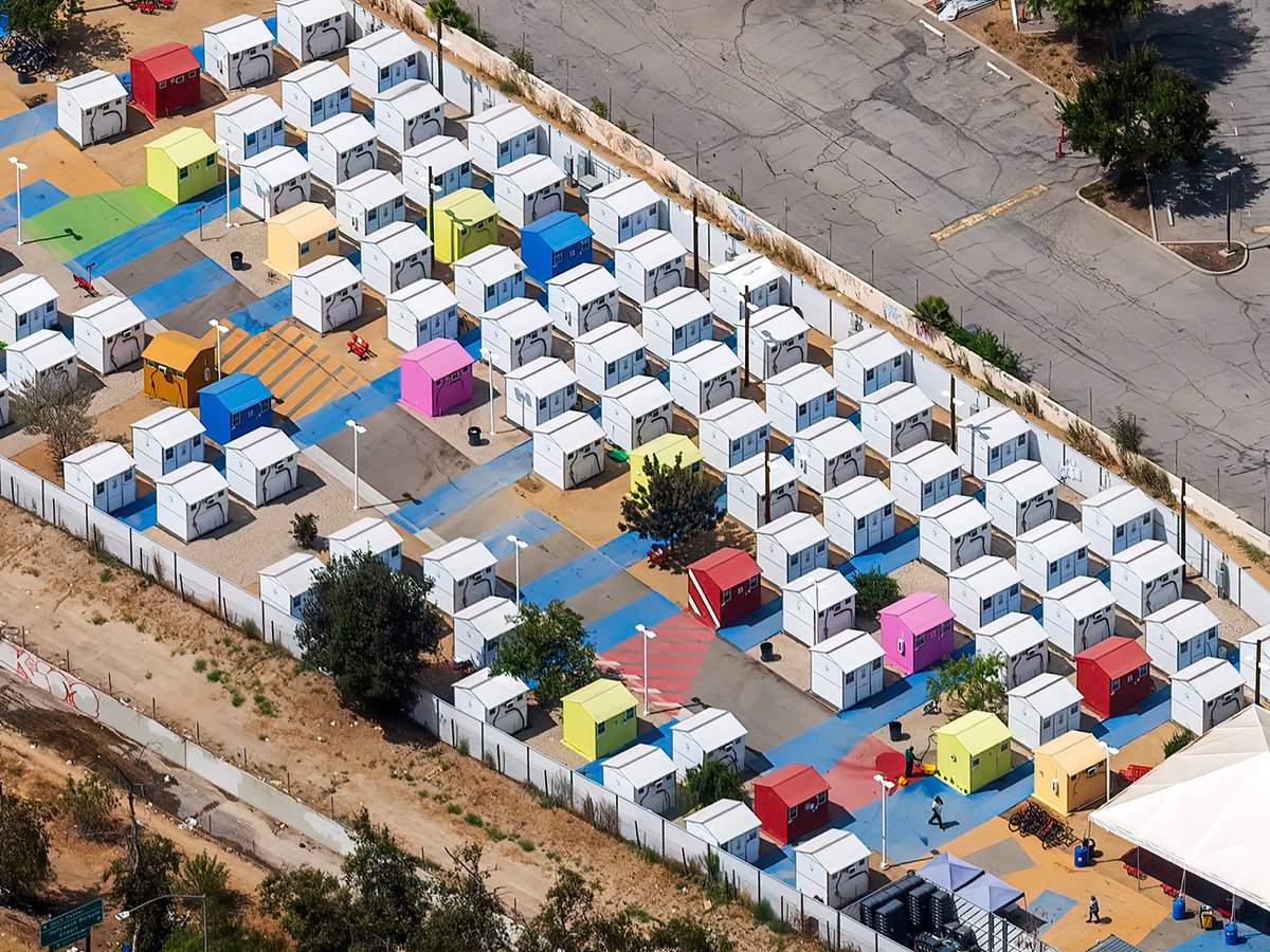 Close-up aerial photograph of the Alexandra Park Tiny Home Village by Hope of the Valley Rescue Mission, in North Hollywood, California