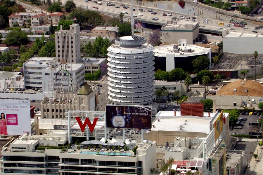 HD Aerial Video Still of the Capitol Records Building in Hollywood, California