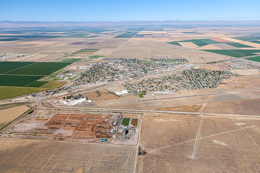 Aerial cityscape of Mendota, a city in California's Central Valley