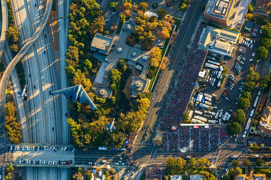 Press image of the 2018 Rose Parade Flyover with a B-2 Spirit and two F-35 Lightning IIs