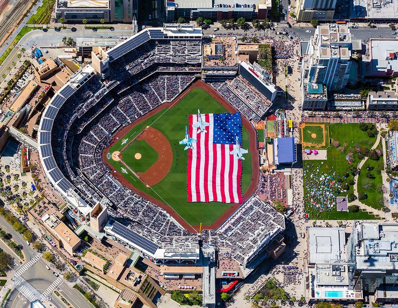 Sports photograph of 4 F-18s flying over the 2019 San Diego Padres Opening Day at Petco Park