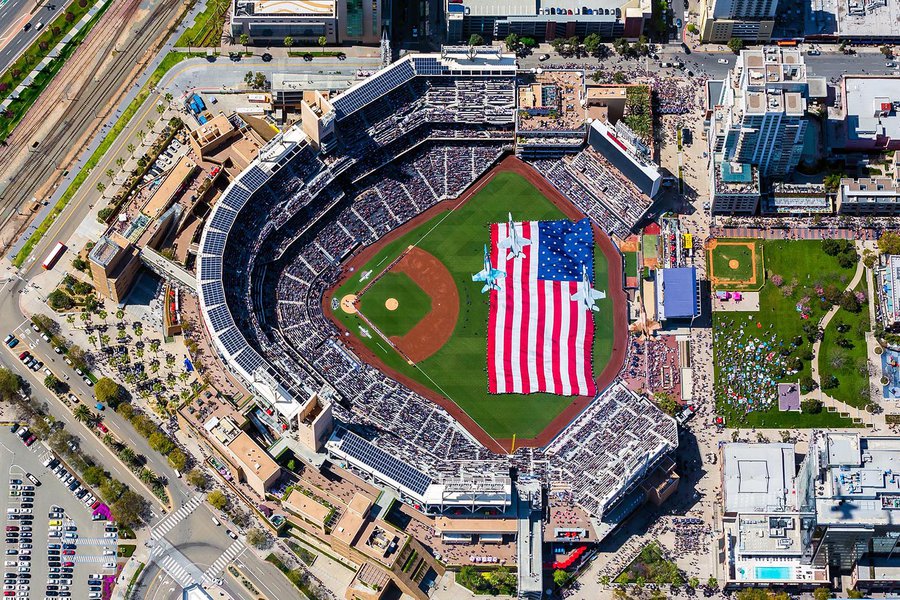 Sports photograph of 4 F-18s flying over the 2019 San Diego Padres Opening Day at Petco Park