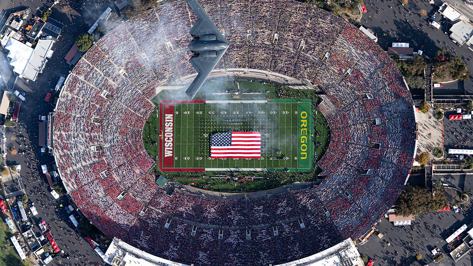 A B2 Stealth Bomber Flies over the 106th Rose Bowl Game West Coast Aerial Photography, Inc