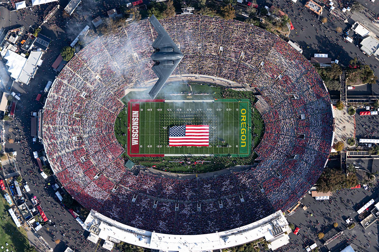 A B2 Stealth Bomber Flies over the 106th Rose Bowl Game West Coast