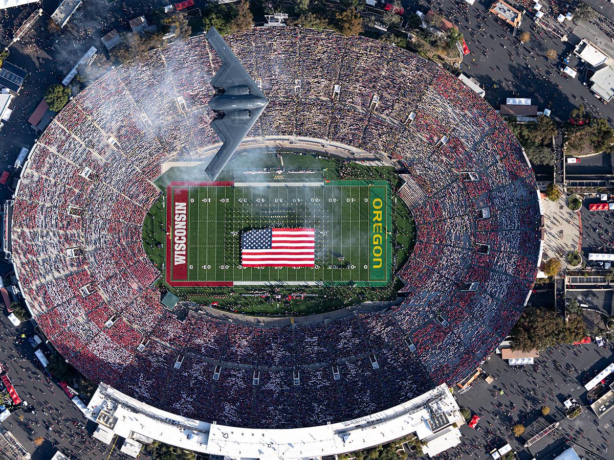 Press photo of 2020 Rose Bowl Game B-2 Stealth Bomber Flyover in Pasadena, California