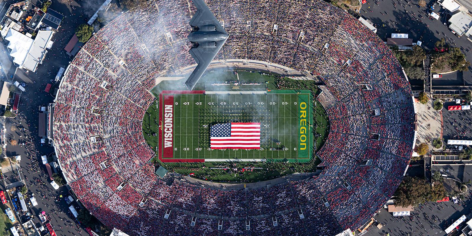 Press photo of 2020 Rose Bowl Game B-2 Stealth Bomber Flyover in Pasadena, California