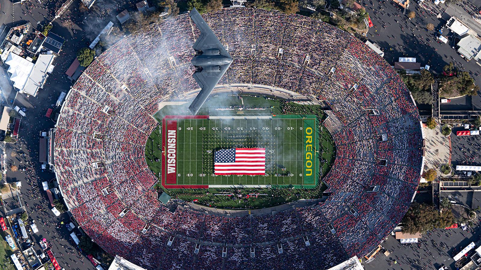 Press photo of 2020 Rose Bowl Game B-2 Stealth Bomber Flyover in Pasadena, California