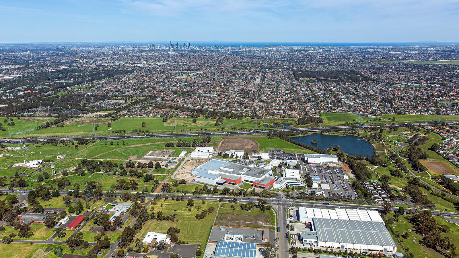 Services aerial image of an industrial property with downtown Melbourne, Australia in the background