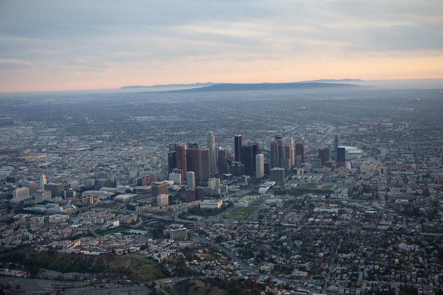 Aerial cityscape of Downtown Los Angeles Skyline at Sunset before any post-production or color-correction