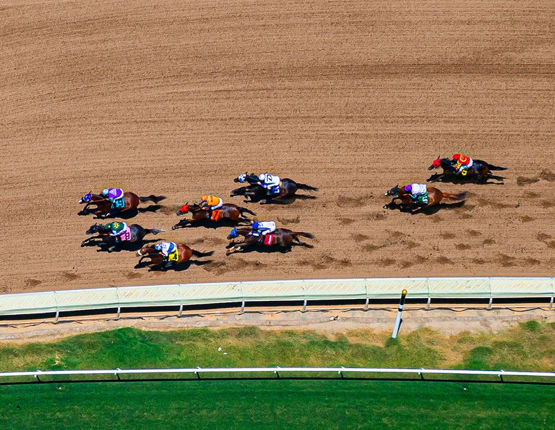 Sports photo of race horses rounding the final bend at the 2016 Opening Day at Del Mar racetrack in San Diego, California
