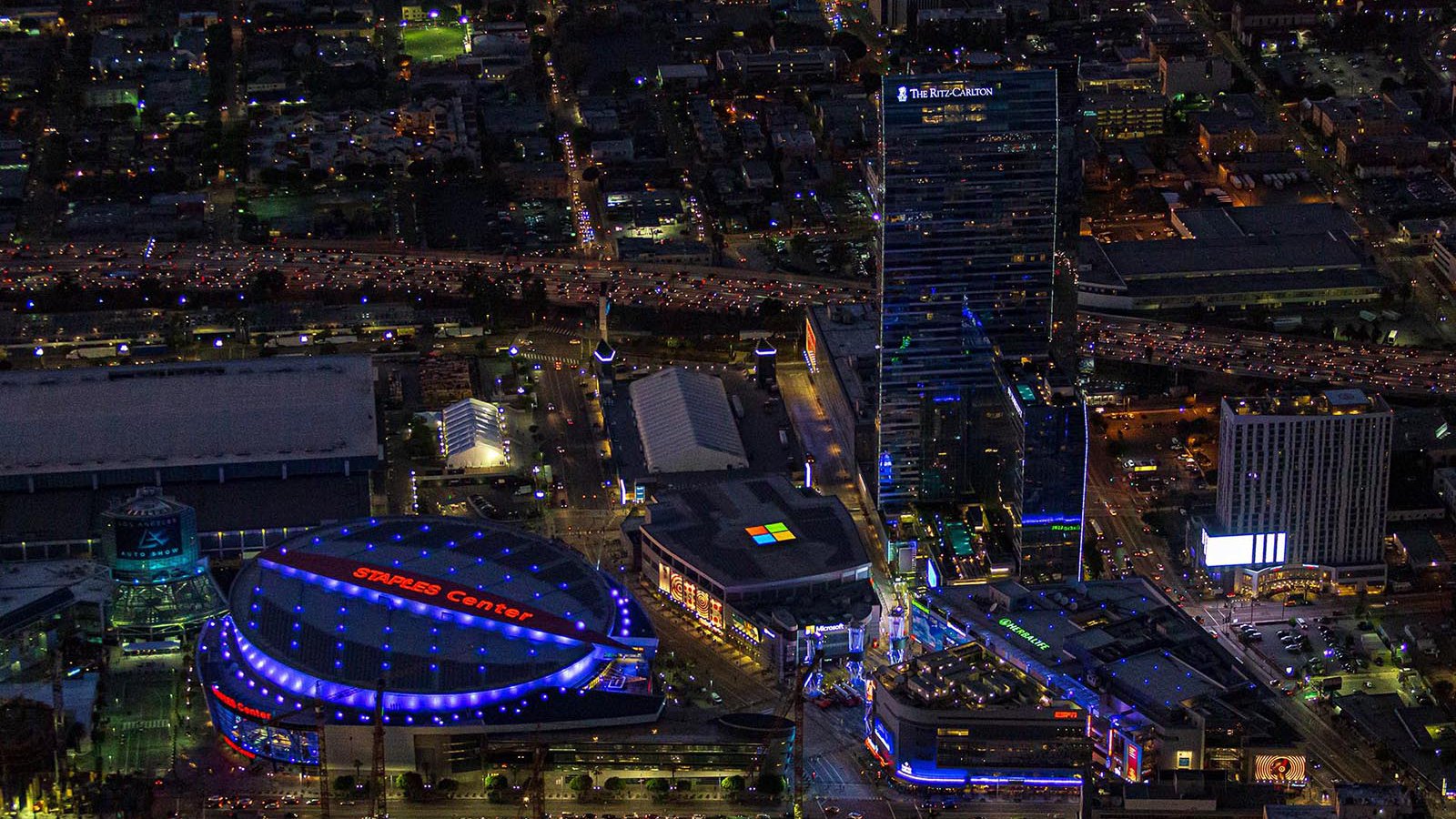 Commercial real estate photo of the Staples Center, LA Live and Ritz Carlton in Downtown Los Angeles