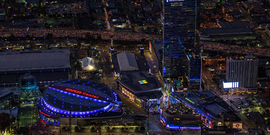 Commercial real estate photo of the Staples Center, LA Live and Ritz Carlton in Downtown Los Angeles