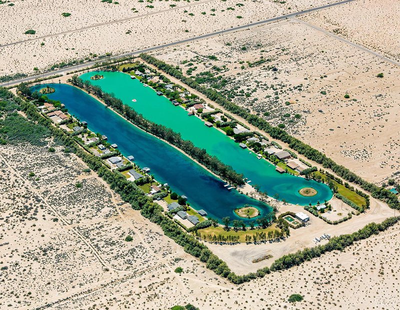 Residential real estate photo of the Imperial Lakes community and its water ski lakes in El Centro, California