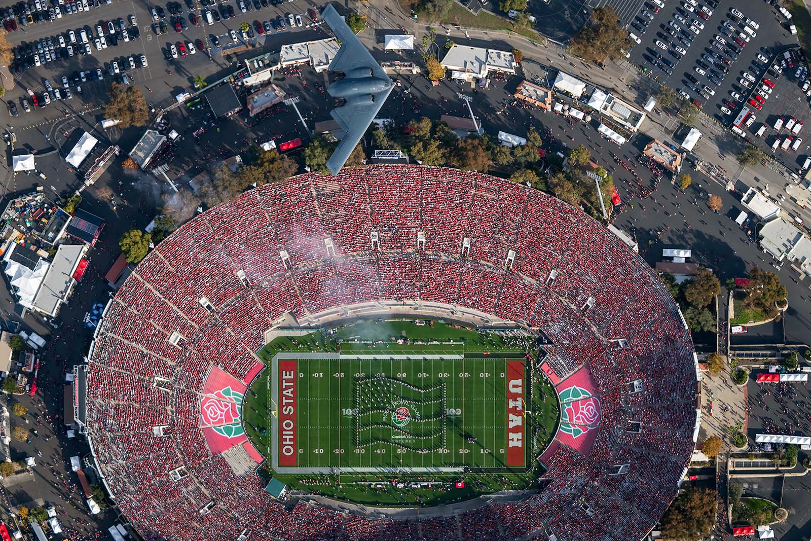 A B2 Stealth Bomber Flies over the 108th Rose Bowl Game West Coast