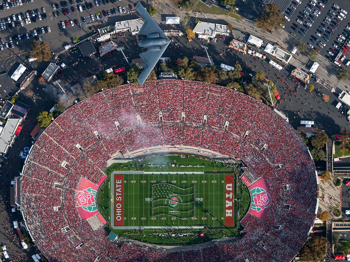 Blog image of a B-2 Stealth Bomber Flying over the 108th Rose Bowl Game at the conclusion of the National Anthem on New Year's Day 2022