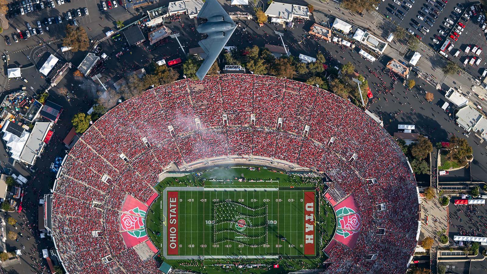 A B2 Stealth Bomber Flies over the 108th Rose Bowl Game West Coast