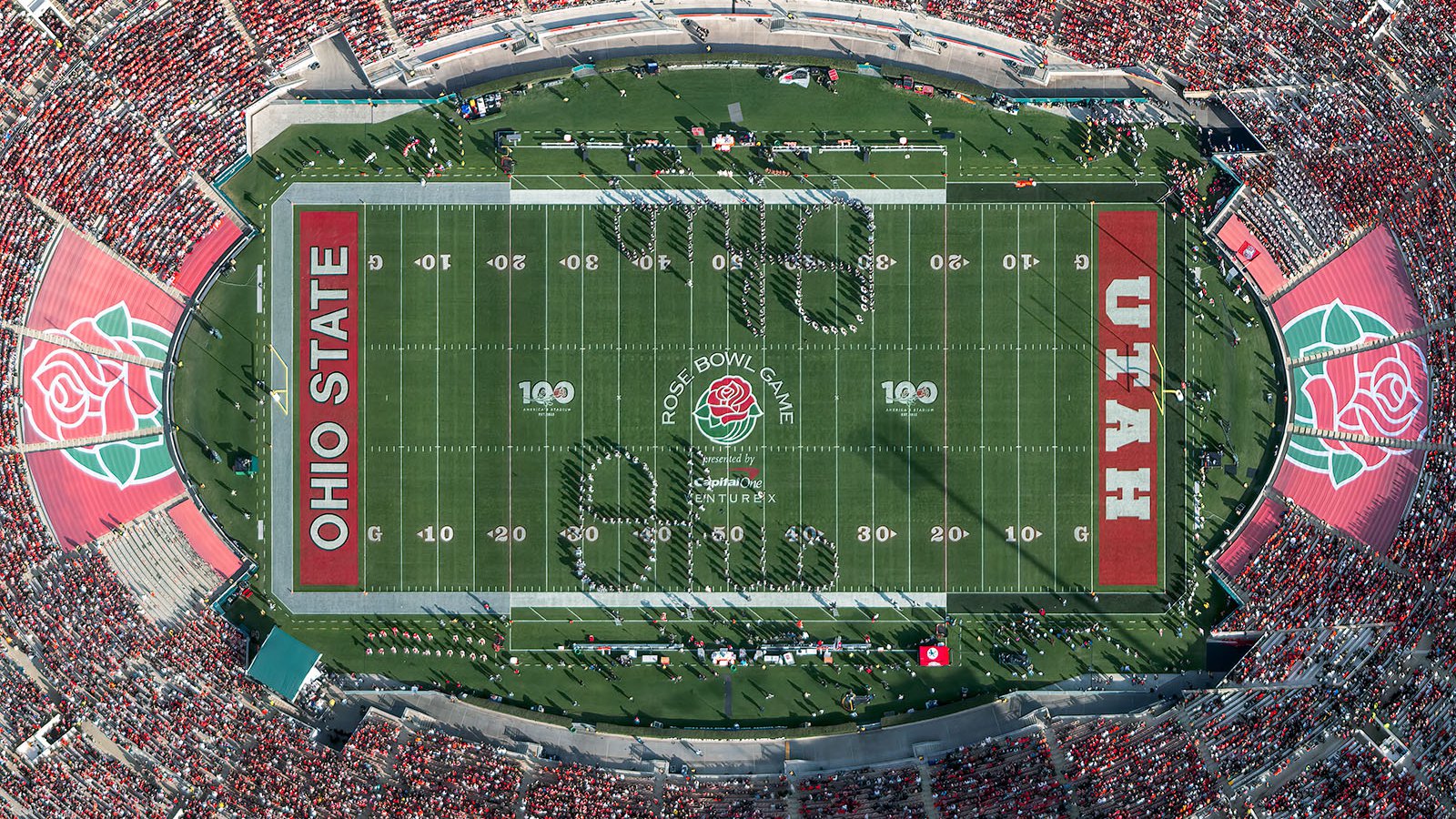 Blog photo of the Ohio Script spelled out by the Ohio State University marching band (OSUMB) on the field of the Rose Bowl Stadium shortly before the start of the 108th Rose Bowl Game