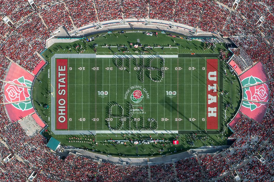Blog photo of the Ohio Script spelled out by the Ohio State University marching band (OSUMB) on the field of the Rose Bowl Stadium shortly before the start of the 108th Rose Bowl Game