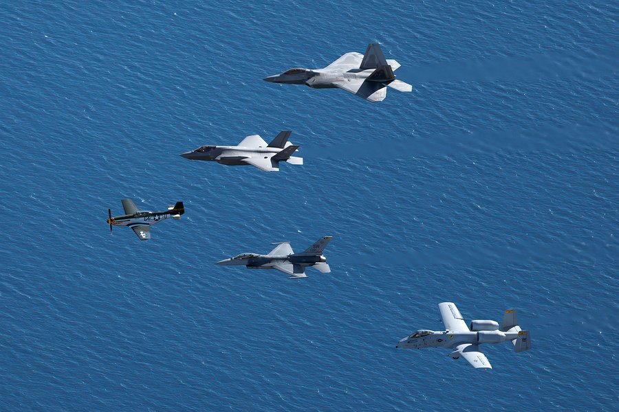 Blog photograph of the Air Force Heritage Flight, comprised of an F-22, F-35, P-51, F-16 and A-10 flying in formation over the ocean off Malibu, California