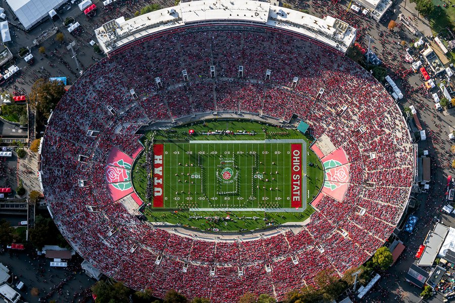 Blog image of the University of Utah marching band "The Pride of Utah" forming a U on the field of the 108th Rose Bowl Game