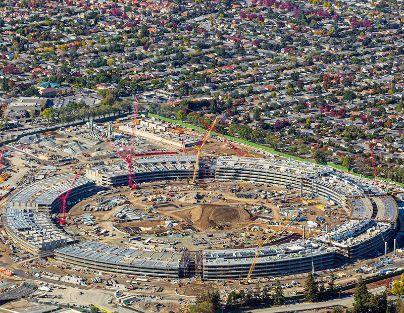 Aerial construction photo of Apple Park being built in Cupertino, California