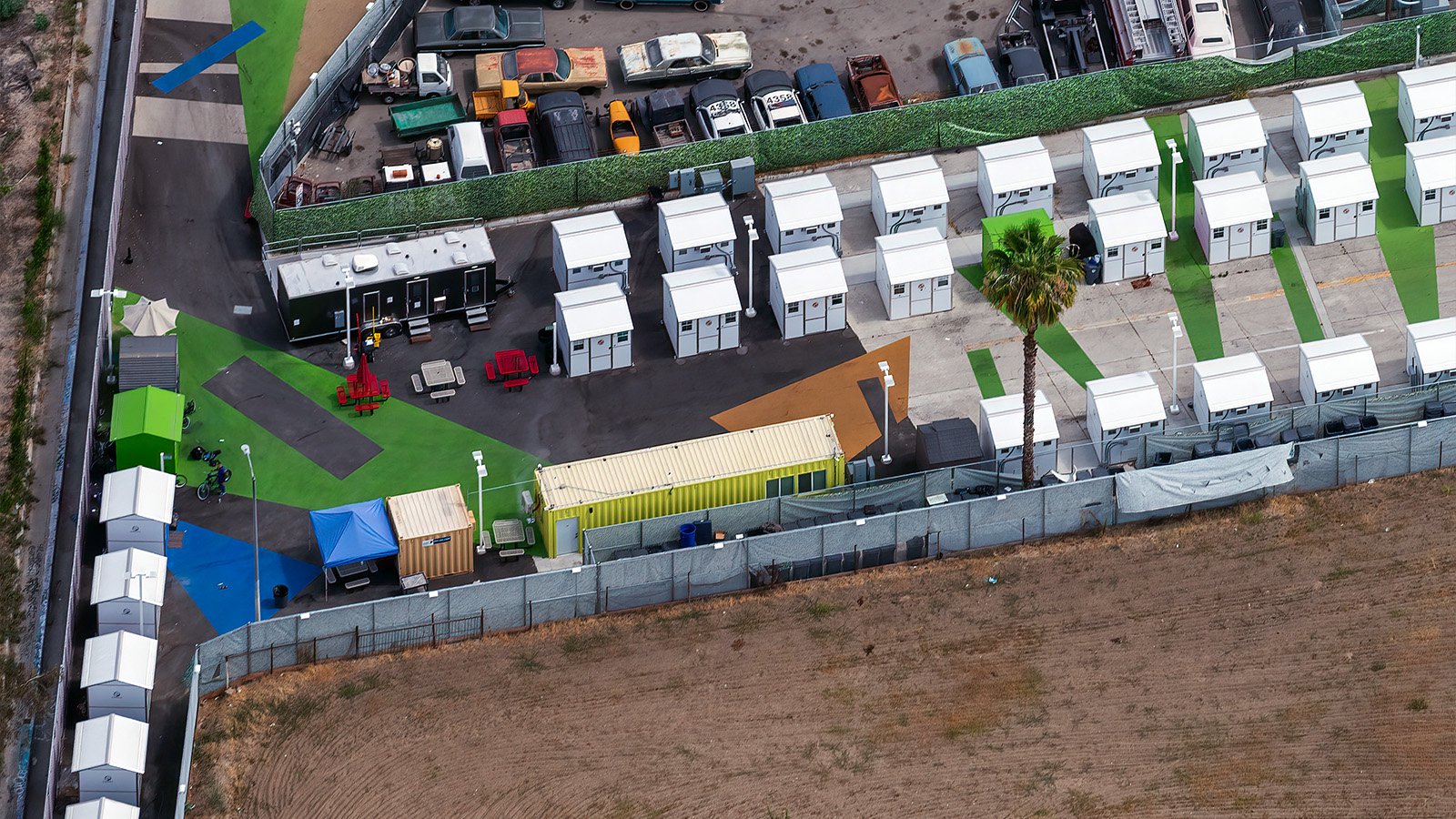 Close-up aerial image of Hope of the Valley Rescue Mission's Whitsett West Tiny Home Village in North Hollywood, California