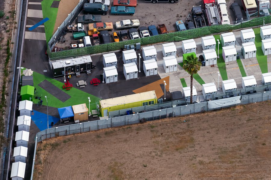 Close-up aerial image of Hope of the Valley Rescue Mission's Whitsett West Tiny Home Village in North Hollywood, California