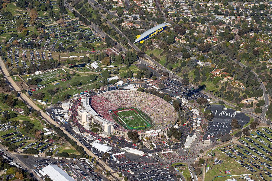 Blog image of the Goodyear Blimp Flying over the Rose Bowl Stadium on New Year's Day 2020 in Pasadena, California