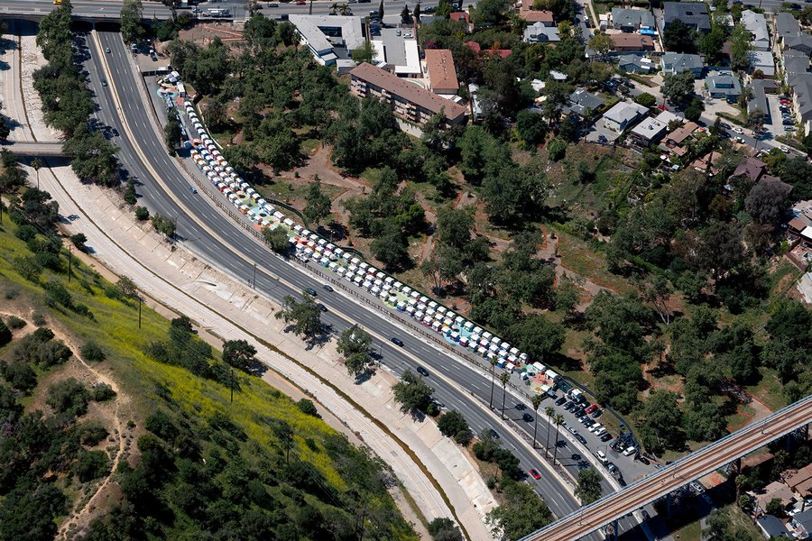 Aerial photograph of the Arroyo Seco Tiny Home Village off the 110 Freeway, in Highland Park, California