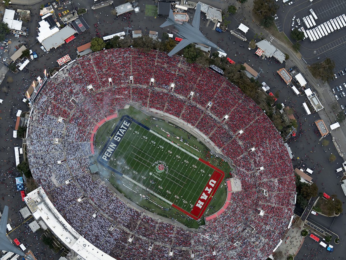 Aerial photo as two B-1 Lancer bombers soar majestically above the Rose Bowl in Pasadena, California as the national anthem reaches its conclusion, marking the start of the 2023 Rose Bowl Game.
