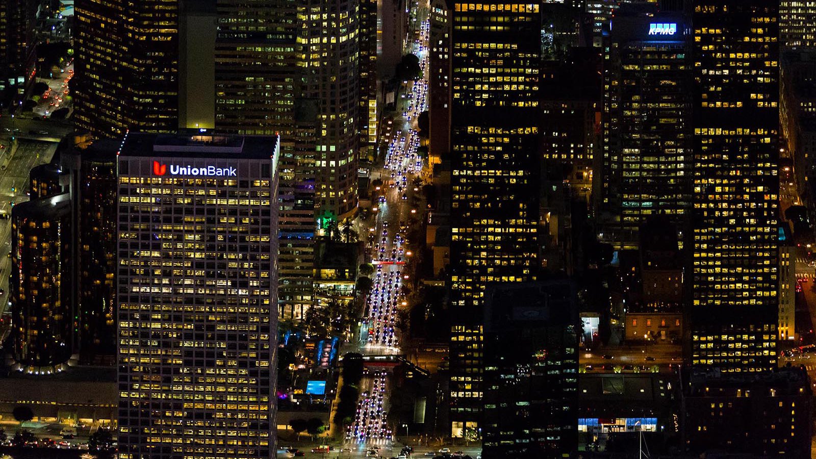 Aerial cityscape close-up image in between the buildings of Downtown Los Angeles at Night