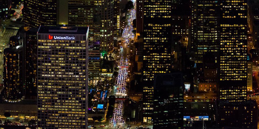 Aerial cityscape close-up image in between the buildings of Downtown Los Angeles at Night