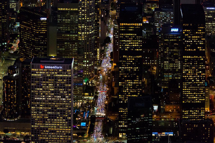 Aerial cityscape close-up image in between the buildings of Downtown Los Angeles at Night