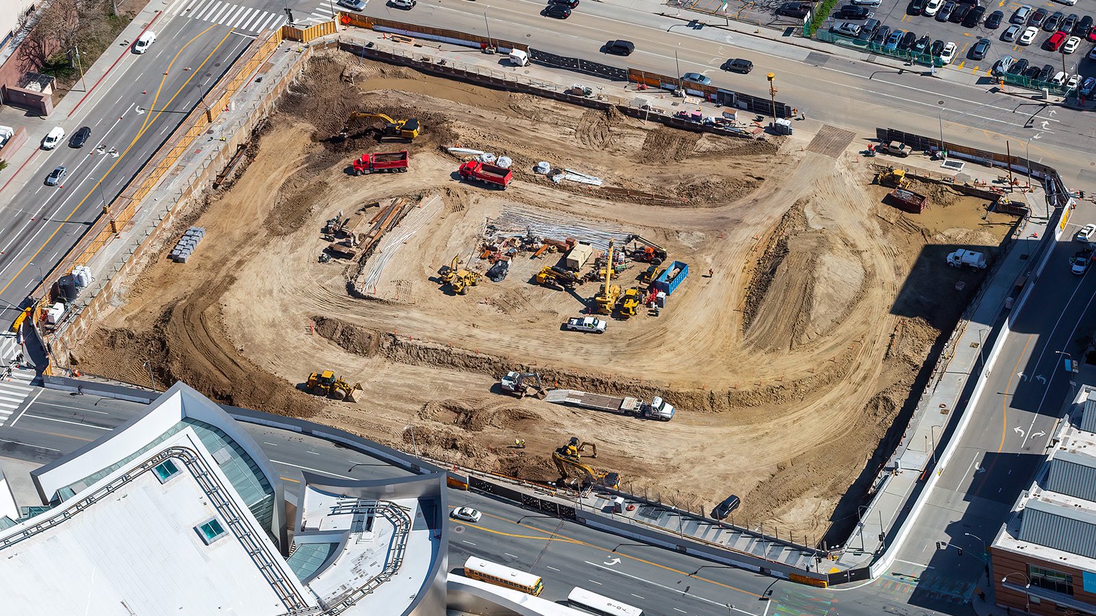 Close-up aerial photo of the initial construction of The Grand mixed-use residential, retail and hotel complex