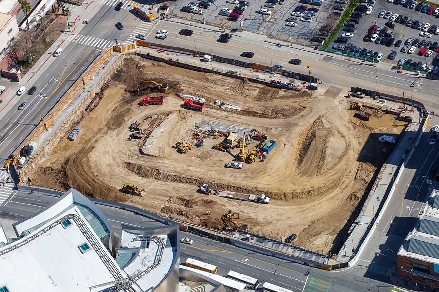 Close-up aerial photo of the initial construction of The Grand mixed-use residential, retail and hotel complex
