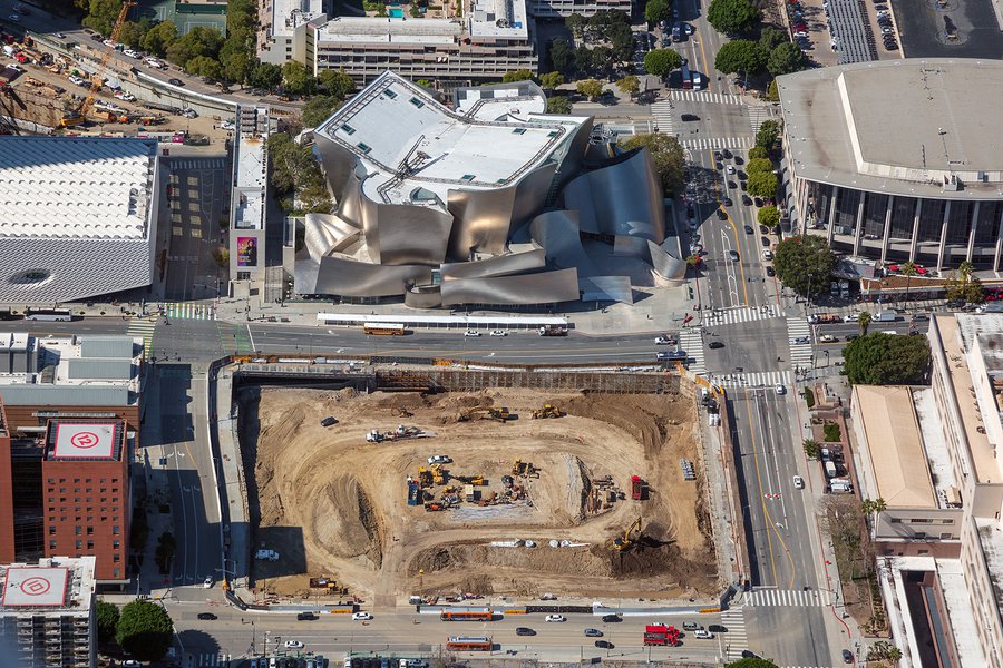 Aerial blog photo of DTLA's The Grand construction, which is across the street from the Walt Disney Center, The Broad, and the Dorothy Chandler Pavilion