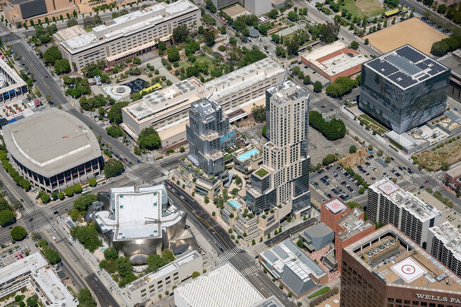 Blog aerial image of The Grand, a mixed-use residential, retail and hotel complex in Downtown Los Angles, across the street from The Walt Disney Concert Hall, The Dorothy Chandler Pavilion and The Broad Museum