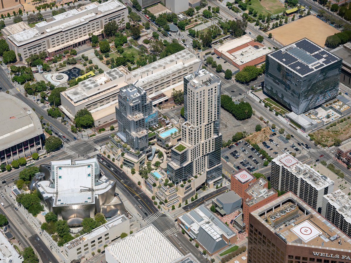 Blog aerial image of The Grand, a mixed-use residential, retail and hotel complex in Downtown Los Angles, across the street from The Walt Disney Concert Hall, The Dorothy Chandler Pavilion and The Broad Museum