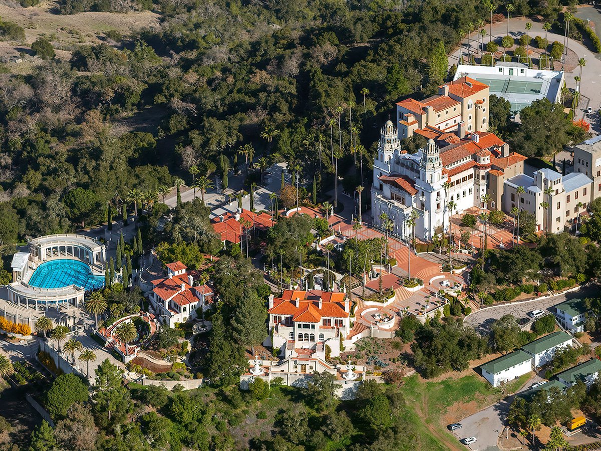 Aerial photograph of Hearst Castle, the vacation home of William Randolph Hearst, located in San Simeon, California