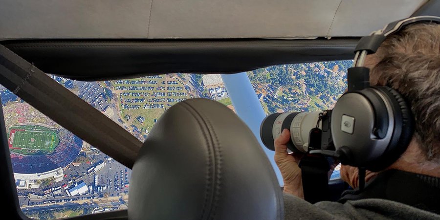 Behind the Scenes picture of Mark Holtzman photographing the Rose Bowl Stadium in Pasadena, California