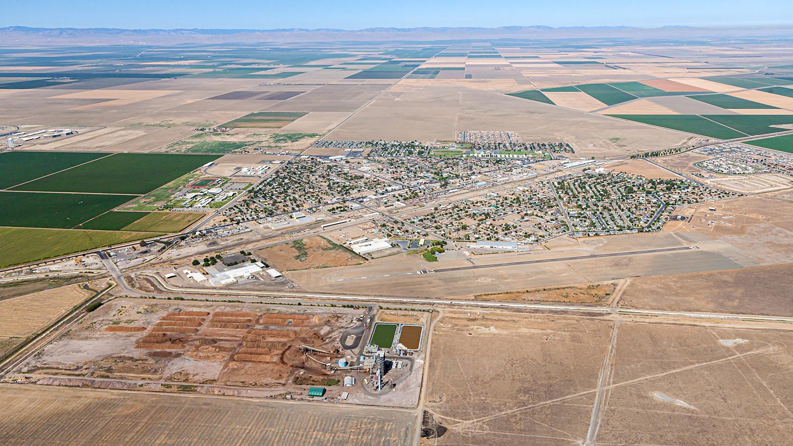 Aerial cityscape of Mendota, a city in California's Central Valley