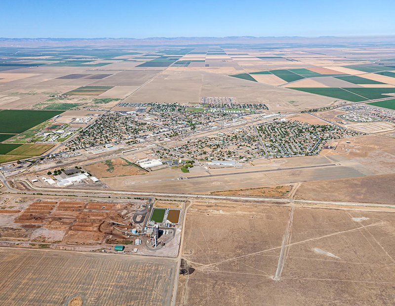 Aerial cityscape of Mendota, a city in California's Central Valley