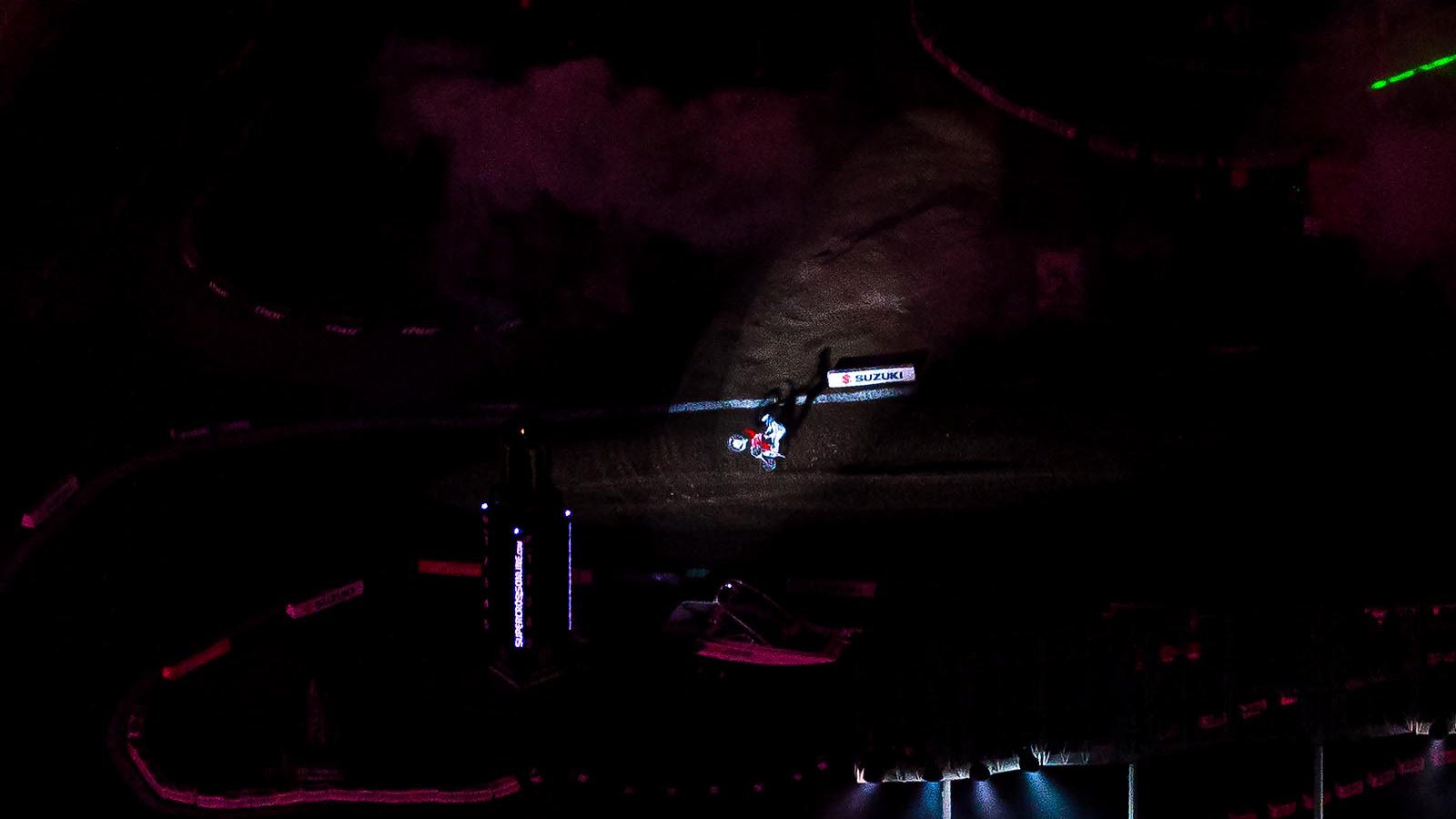 Sports photo close-up of a motorcyclist at the 2011 AMA Supercross at Dodger Stadium in Los Angeles, California