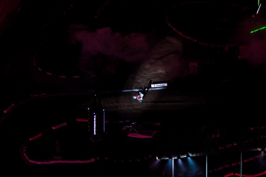 Sports photo close-up of a motorcyclist at the 2011 AMA Supercross at Dodger Stadium in Los Angeles, California