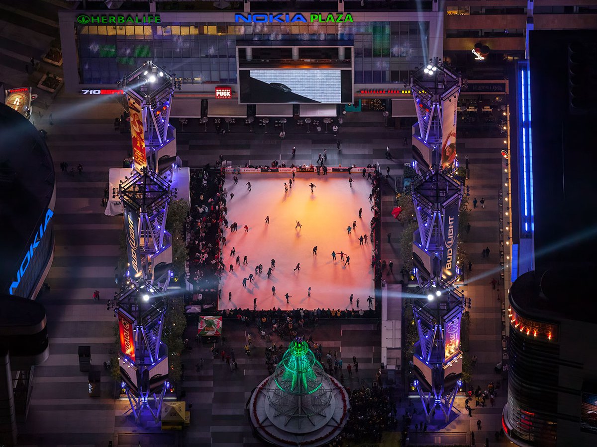 Aerial photograph of an ice skating rink at the Nokia Center and Staples Center in Downtown Los Angeles, California