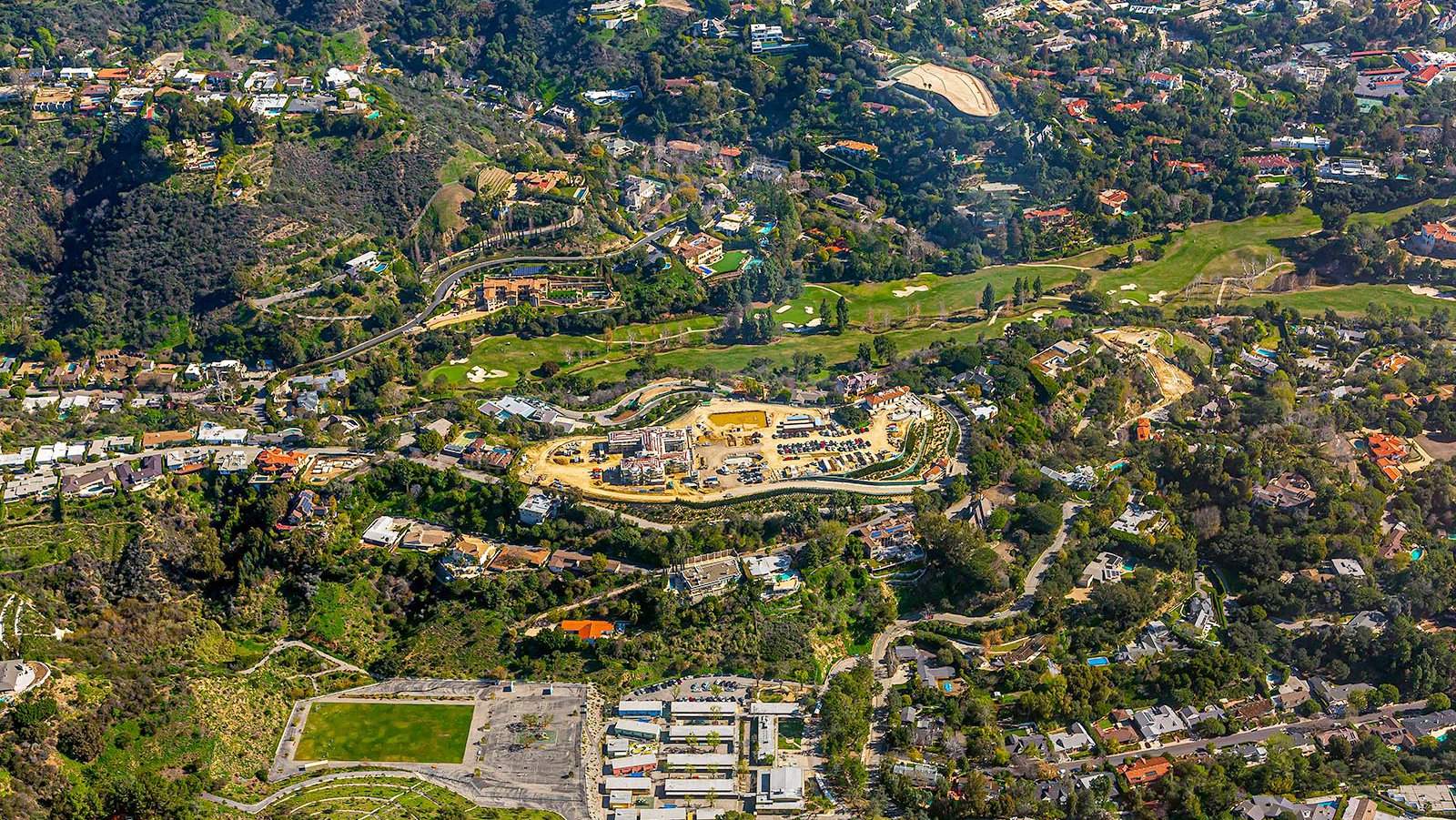 Wide Aerial View of a Bel Air Mega Mansion being Constructed