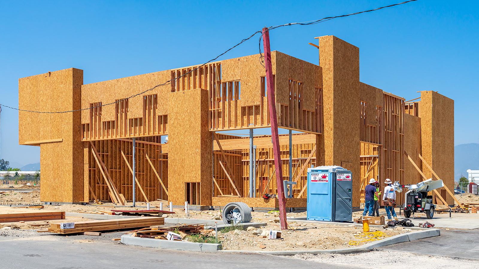 Construction photo of a shopping center being constructed in Rialto, California