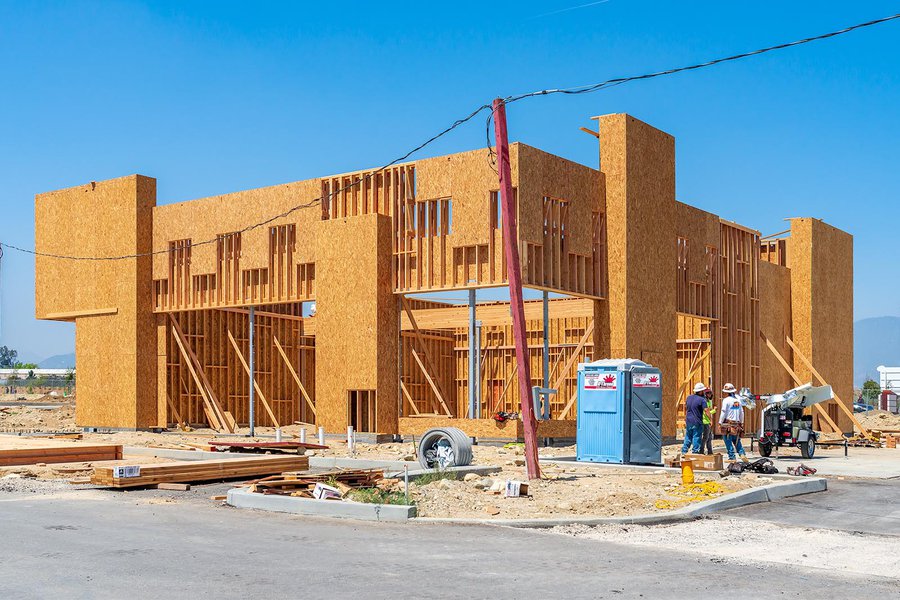 Construction photo of a shopping center being constructed in Rialto, California