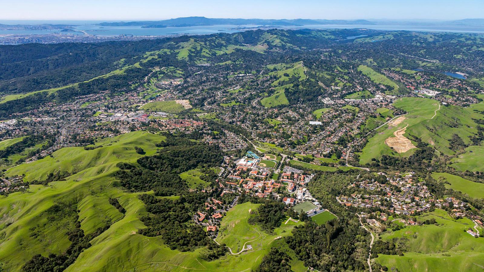 School photo of Saint Mary's College of California in Moraga, California with San Francisco in the background