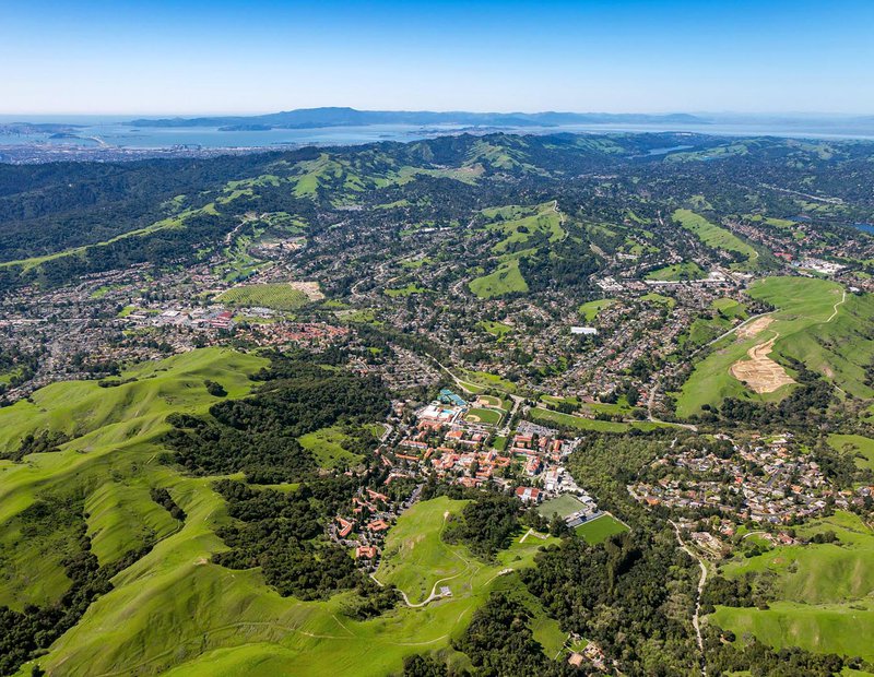 School photo of Saint Mary's College of California in Moraga, California with San Francisco in the background